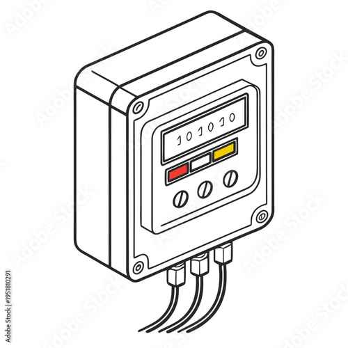Isometric digital electricity meter in industrial housing with indicator lights and connected wires