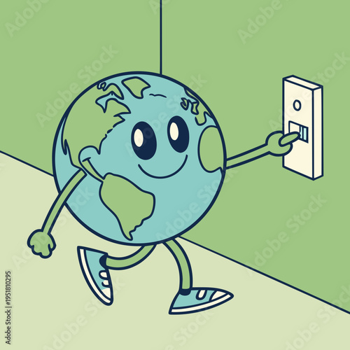 Cheerful anthropomorphic earth globe character with sneakers flipping light switch for energy conservation