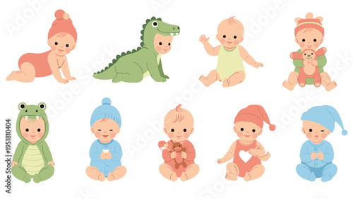 Large collection of cute baby characters in different poses wearing colorful onesies and fun animal themed hats and costumes.