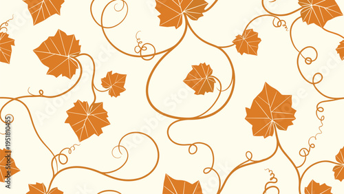 Beautiful autumn inspired pattern featuring winding orange vines and leaves on a light cream background for seasonal decor.