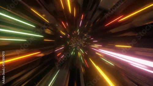 Abstract tunnel with dynamic vibrant light streaks and digital movement
