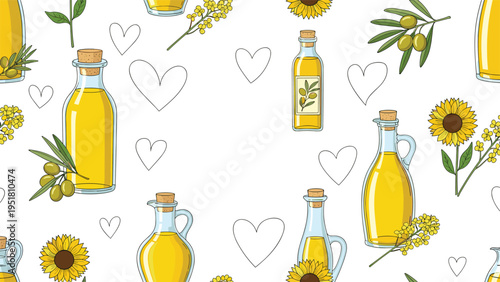 Charming seamless pattern featuring cooking oil bottles and various ingredients like olives and sunflowers, interspersed with heart symbols.