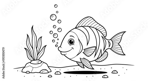 Smiling fish swimming near seaweed and bubbles underwater
