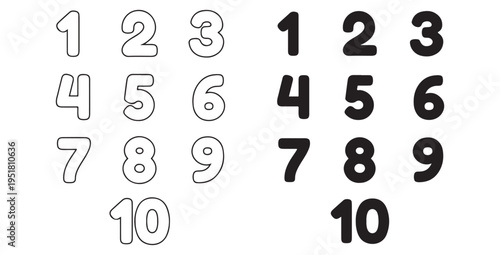 Educational set of bold and outline numbers one through ten showing contrasting visual styles for learning and teaching basic mathematics concepts clearly.