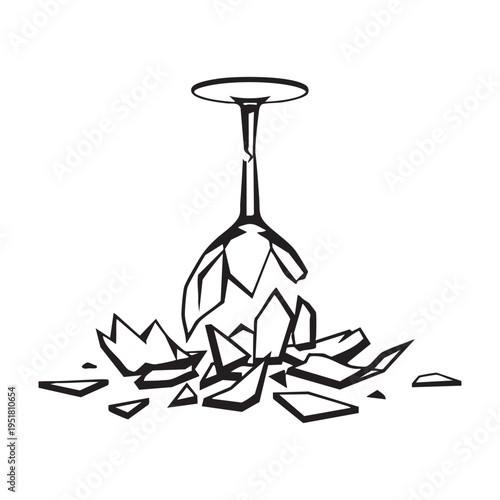 Shattered Crystal Glass Pieces Scattered on White Background Minimalist Vector Outline Art Symbolizing Broken Dreams Misfortune or Celebration Ending Isolated Clean Graphic