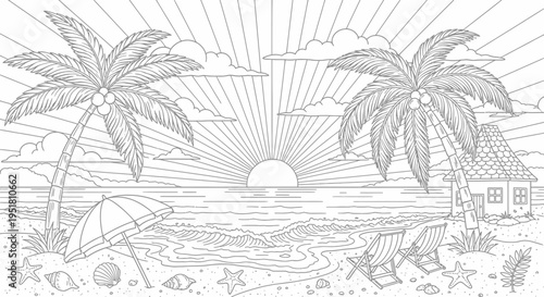 Tropical beach scene at sunset with palm trees and hut