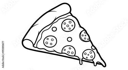 A black and white line drawing of a slice of pepperoni pizza