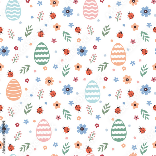 Seamless easter pattern with flower, eggs, leaves and ladybugs