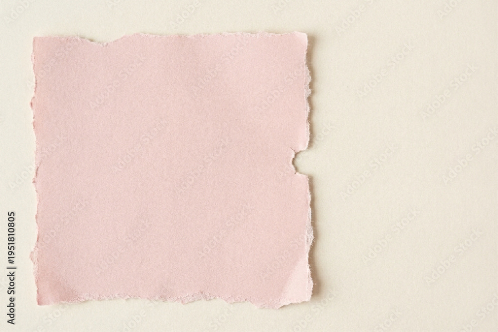 Obraz premium Blank pink torn paper square with deckled edges on a light beige background, perfect for rustic wedding invitations, scrapbooking, or elegant note cards.