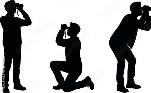 Photographer silhouette collection using binoculars or camera, people observing and scouting, standing and kneeling poses, surveillance and wildlife watching concept