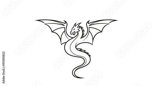 Elegant black and white line art of a mythical dragon with wide wings and a long curved tail on a pure white background.
