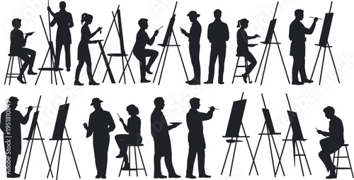 Collection of artist silhouettes painting on easels in studio, creative people drawing and painting, art class illustration isolated on white