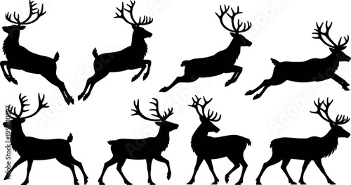 Deer silhouettes collection showing jumping and walking stag poses with antlers, wild forest animal set isolated for design