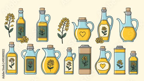 Diverse collection of rapeseed oil, also known as canola oil, presented in various bottles and jugs with rapeseed flowers, on a light background.