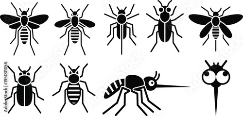 Mosquito silhouettes flying and resting poses. 