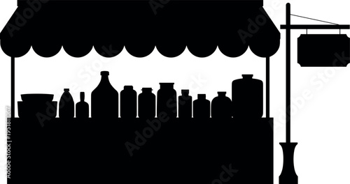 Market stall silhouette with bottles and jars under canopy, street shop stand isolated for retail, small business and market design