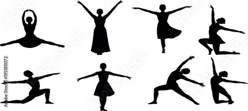 Female dancer silhouettes collection showing ballet and contemporary dance poses, graceful movement figures isolated for performance, choreography and art design