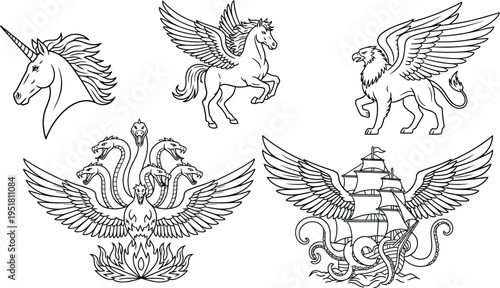 Medieval sea creatures, mythical creatures legendary beasts such as a unicorn, a flying Pegasus, and a griffin. 