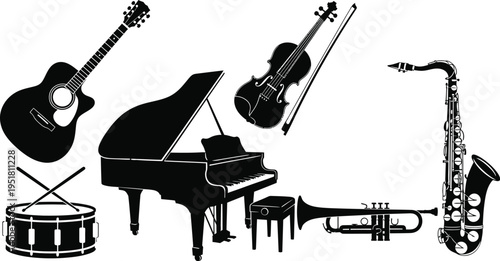 Musical instruments, including a grand piano, acoustic guitar, violin, drum set, trumpet, and saxophone.