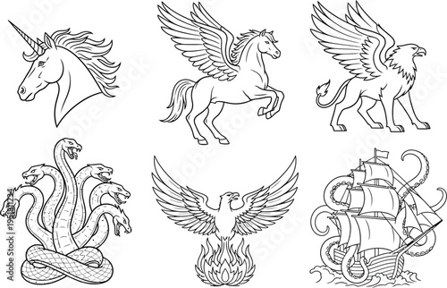 Medieval sea creatures, mythical creatures legendary beasts such as a unicorn, a flying Pegasus, and a griffin. 