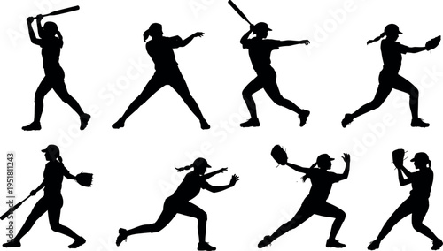 Softball player silhouettes collection showing batting, pitching, catching and fielding actions, female athlete sport poses isolated for design