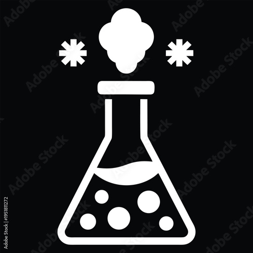 Chemical reaction flask with steam and snowflakes science experiment icon laboratory research
