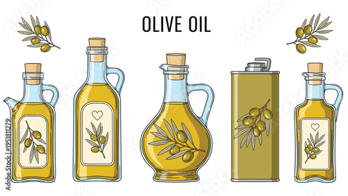 Diverse collection of olive oil, presented in various bottles and jugs, adorned with olive branches and "Olive Oil" text.