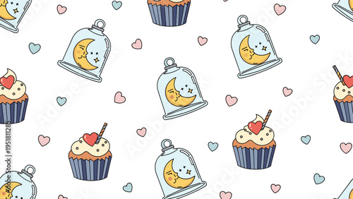 Whimsical seamless pattern featuring cute sleeping moons enclosed in bell jars and decorated cupcakes, interspersed with small hearts.