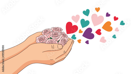Pair of hands gently holding a bunch of pink roses with colorful heart shapes floating away into the air on white background.