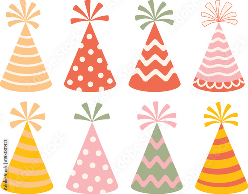 Party hats vector set with colorful patterns, birthday celebration caps for anniversary and holiday events design