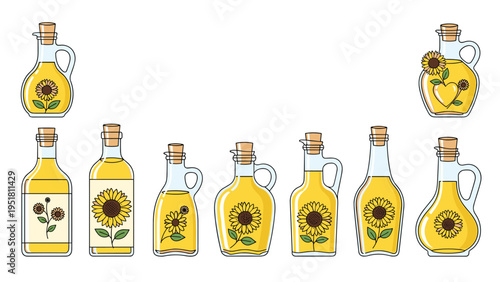 Diverse collection of sunflower oil, presented in various bottles and jugs, adorned with sunflower illustrations and heart symbols.
