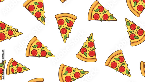 Delicious seamless pattern featuring scattered pepperoni pizza slices with basil leaves, creating an appetizing and fun food background.