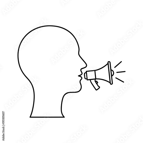 Person speaking through megaphone loudspeaker announcement communication symbol public address expression of opinion