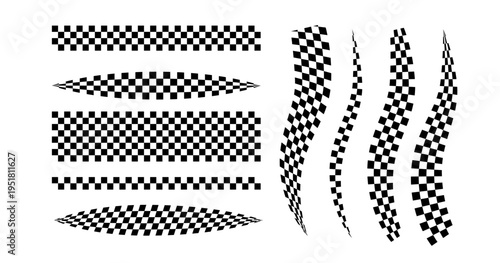Race flag lines. Black and white checker finish ribbon. Car race grid pattern. Rally border texture. Wavy checker lines. Chess graphic design element. Vector illustration isolated on white background.