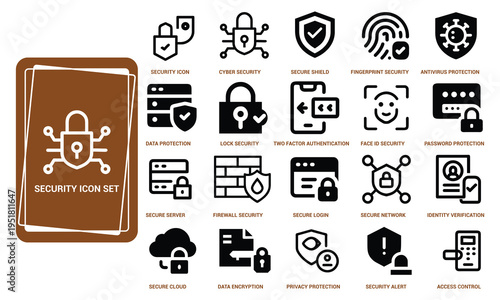 Cyber Security Icon Set with Lock Shield Fingerprint and Network Symbols for Digital Protection