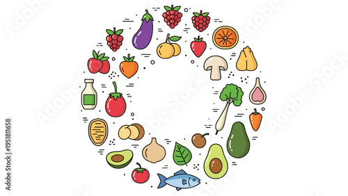 Flat line art illustration showcasing a diverse circular arrangement of healthy food items including fruits, vegetables, and a fish, promoting nutrition.