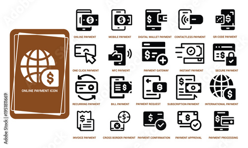 Online Payment Icons Set: Mobile Wallet QR Code Secure Invoice Global Transactions