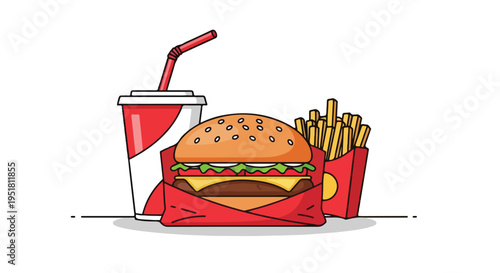 A flat illustration of a burger, fries, and a drink on a white background with a casual and appetizing mood.