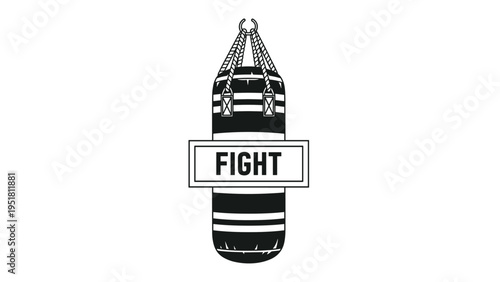 Graphic illustration of a black and white striped heavy boxing punch bag with a central sign that reads fight on a clean white background.