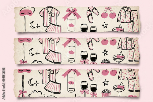 Pink and black hand-drawn pajama party vector banner set with sleepwear, wine, cherries, and sleep mask on distressed paper texture