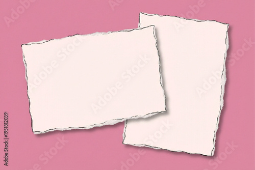 Two blank light pink textured paper sheets with torn, deckled edges, one horizontal and one vertical, casting subtle shadows on a vibrant pink background