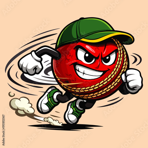 Aggressive spinning cricket ball character with motion trails and determined face, symbolizing bowling power, fast delivery, athletic drive, sports passion, and competitive spirit