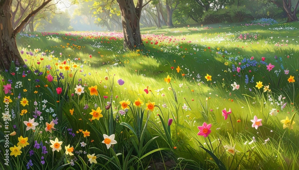 Fototapeta premium Vibrant spring meadow with blooming wildflowers in golden sunlight