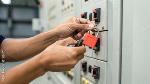 Person securing an industrial electrical panel with a red safety lockout tag.