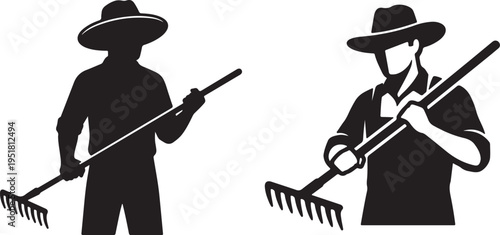 Two farmers with straw hats carrying rakes black and white vector