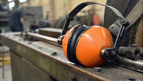 Orange industrial ear protection headphones resting on metal machinery.