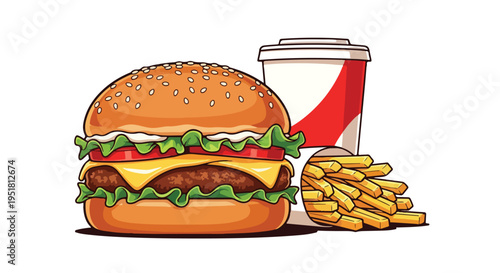 Flat lay illustration of a cheeseburger, french fries, and a drink on a white background, with a red and white cup.