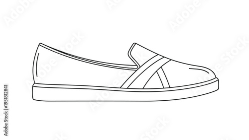 Clean black and white line art illustration depicting a comfortable and stylish slip-on shoe, ideal for casual footwear designs.