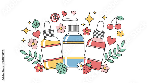 Delightful collection of cosmetic bottles, including dropper and pump varieties, surrounded by a charming assortment of colorful flowers, leaves, and hearts.