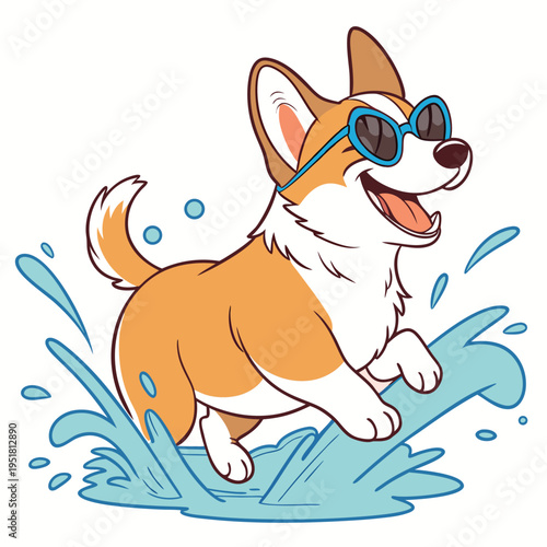 Cute corgi dog wearing sunglasses playing in water splash cartoon illustration